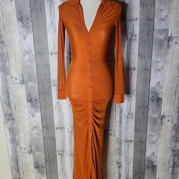 MESHKI XXS Jenny Mesh Ruched Maxi Dress in Burnt Orange - Picture 3 of 9